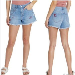Driftwood Goldie X Love Notes Embroidered Cutoff Denim Shorts Medium Wash Sz 27‎